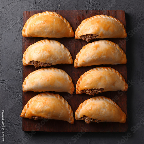 Traditional Uruguayan dishes - Empanadas. A stuffed pastry made with all kinds of fried meat, top view
 photo