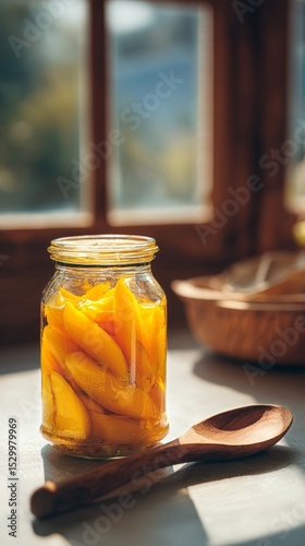 Jar of Preserved Mango Slices on a Countertop in a Sunny Kitchen During After...