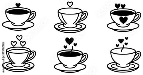 Simple hand drawn black and white coffee cups with heart shaped steam for romance