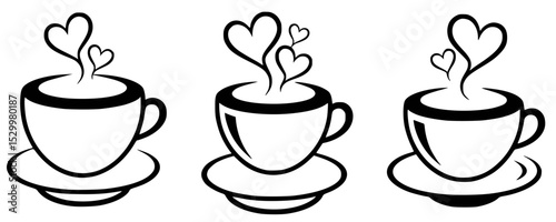 Three coffee cups emitting heart shaped steam representing love and warmth in simple black and white illustration