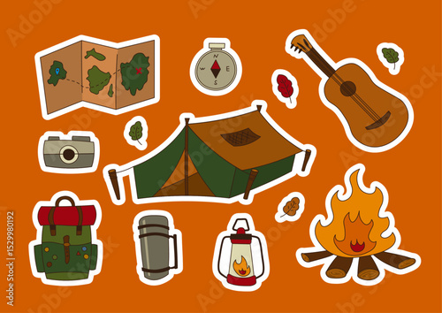 Camping stickers.  A collection of colorful summer themed stickers. Map, compass, guitar, camera, tent, backpack, thermos, lantern, campfire. For printing.