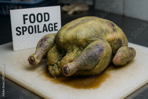 Food spoilage of raw whole chicken showing advanced proteolytic decomposition and exudate leakage due to failure in cold chain control and food safety engineering protocols photo