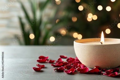 Candle Flame Surrounded by Rose Petals on a Table With Warm Bokeh Background ...