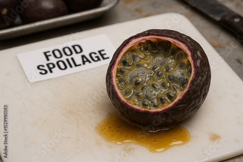 Food spoilage of passion fruit characterized by microbial fermentation and enzymatic degradation due to failure in storage control systems and food quality assurance measures