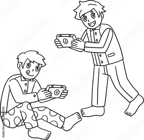 Sleepover Boys Playing Handheld Consoles Isolated 