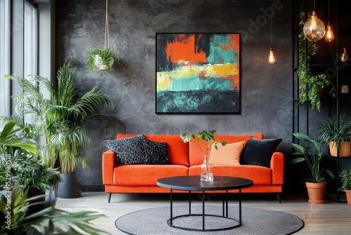 Stylish Modern Living Room With Vibrant Orange Sofa and Artistic Wall Decor i...