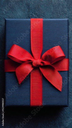 Elegant Blue Gift Box With Red Ribbon on Textured Background for Special Occa...