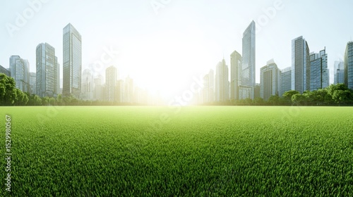 Fototapeta Naklejka Na Ścianę i Meble -  Lush green grass field stretches before modern city skyline.