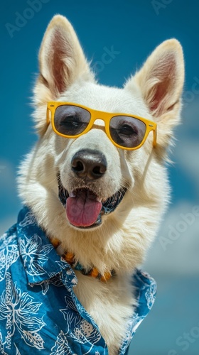 Dog in Sunglasses and Shirt Enjoying Sunny Beach Day With Playful Spirit