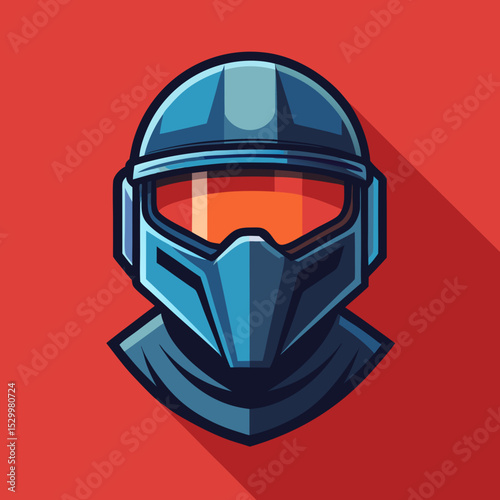 Digital artwork of futuristic helmet with visor and shadow effect, on red background