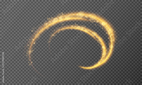 Gold glowing lines of speed. light effect with bokeh and sparkles on a transparent background. Light trail wave, fire trail line and glow curve swirl.