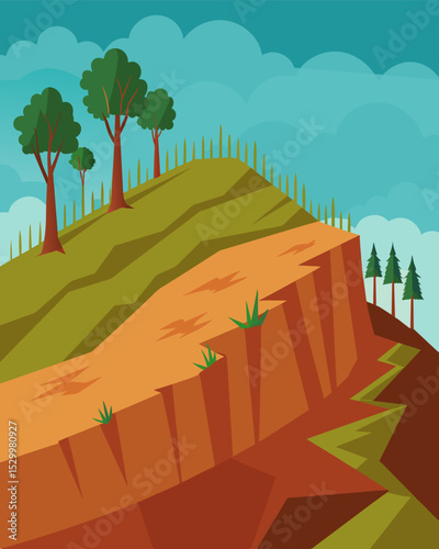 A barren eroded hillside a result of unsustainable deforestation and reckless land development.. Vector illustration