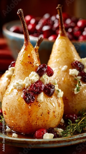 Delicious Poached Pears With Cranberries and Cheese Served on a Rustic Table ...