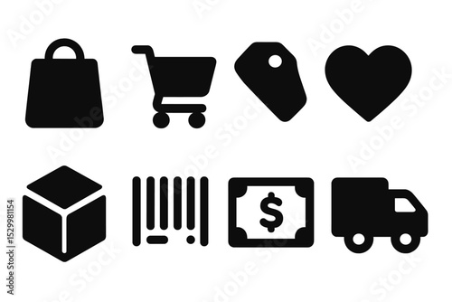 Online Shopping Icons. Solid style icons of online shopping: shopping bag, cart icon, product tag, wishlist heart, order box,