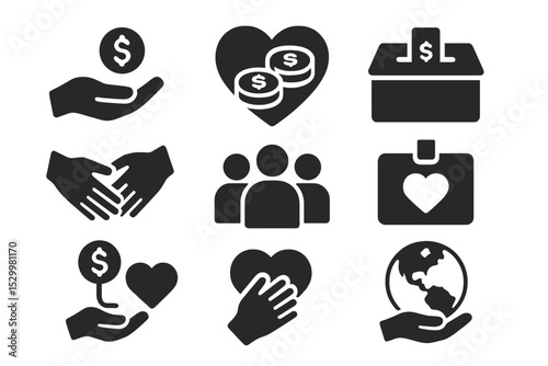 Charity Solid Icons. Solid style icons of nonprofit and charity: donation hand, heart with coins, charity box, helping hands,