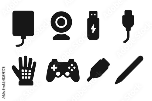 Digital Device Icons. Solid style icons of digital devices and peripherals: external hard drive, webcam, USB stick, wireless