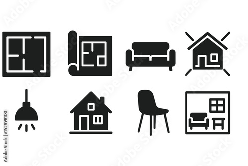 Architectural Design Icons. Solid style icons of architecture and interior design: floor plan icon, blueprint paper, modern sofa,