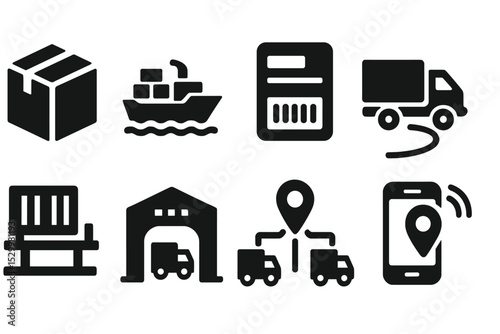 Transport Logistics Icons. Solid style icons of transport logistics: cargo icon, shipping lane, freight label, truck route icon,