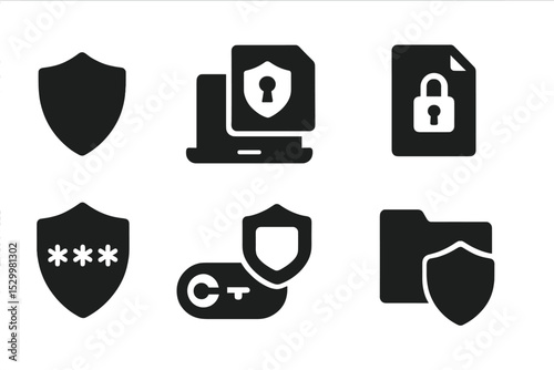 Remote Security Icons. Solid style icons of security for remote work: shield icon, secure login, data encryption, remote access