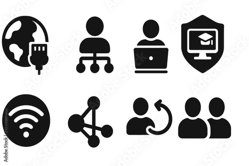 Network Connectivity Icons. Solid style icons of network and connectivity: online access icon, student network, remote learning