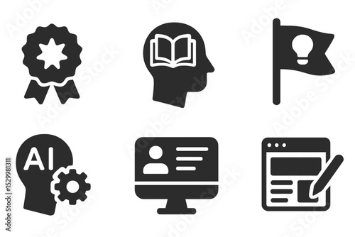 EdTech Innovation Icons. Solid style icons of innovation in edtech: breakthrough badge, next-gen learning icon, futuristic