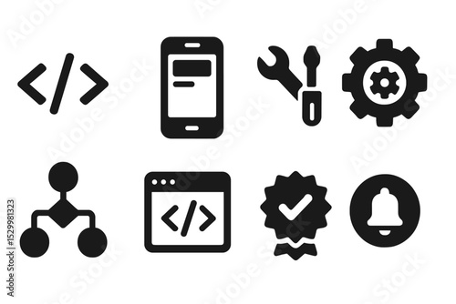 App Development Icons. Solid style icons of mobile app development: code icon, screen module, dev tools, API integration icon,
