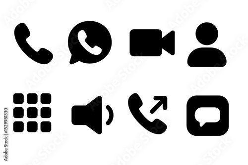 App Call Icon Set. Solid style icons of app call features: phone icon, voice call badge, video call tile, contact button, in-app
