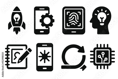 Innovative App Icons. Solid style icons of innovation in apps: rocket with idea icon, feature innovation, future interface, smart