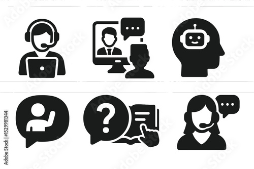 EdTech Support Icons. Solid style icons of support tools in edtech: help desk icon, contact tutor, support ticket, assistance