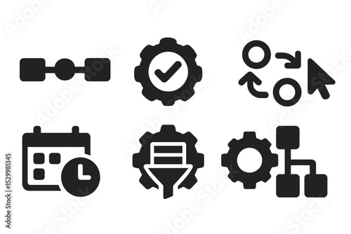 Automation System Icons. Solid style icons of automation systems: flow icon, auto-task badge, smart sequence, trigger icon,