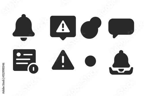 Notification System Icons. Solid style icons of notification system: bell icon, popup alert, unread badge, toast message,