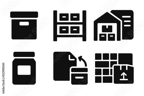 Storage Icons Collection. Solid style icons of storage and product management: archive box, shelf icon, warehouse layout, digital