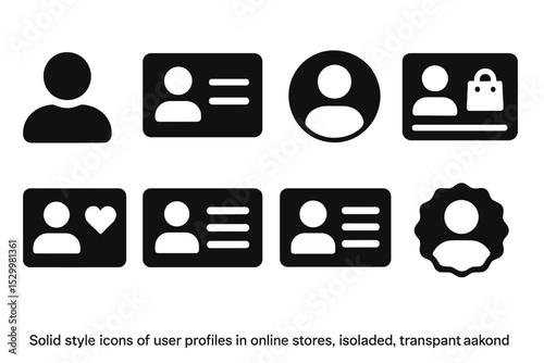 Online Store Icons. Solid style icons of user profiles in online stores: account icon, customer profile, user avatar, purchase