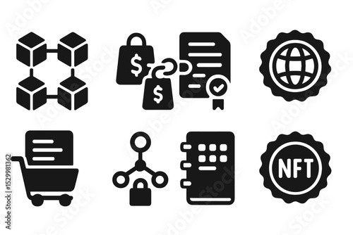 Blockchain E-commerce Icons. Solid style icons of blockchain in e-commerce: blockchain icon, transaction chain, smart contract,
