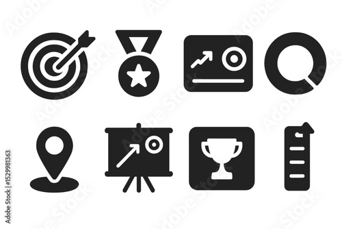 Goal Tracking Icons. Solid style icons of goal tracking: target icon, milestone badge, KPI card, objective ring, progress marker,