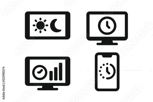 Screen Time Icons. Solid style icons of screen time tracking: day-night time usage, screen with duration clock, weekly time