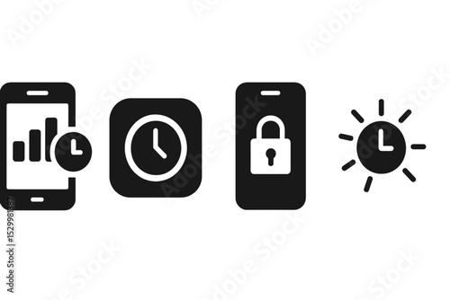 Screen Time Icons. Solid style icons of screen time tracking: mobile with tracking overlay, time slot app icon, screen use lock,