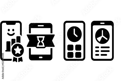 Digital Screen Time Icons. Solid style icons of screen time tracking: digital usage streak, time ribbon on screen, app focus time