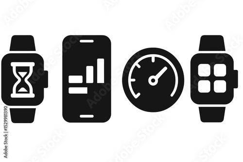 Screen Time Icons. Solid style icons of screen time tracking: digital watch with hourglass, session bar over phone, use-per-hour