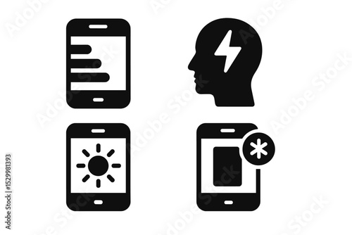 Focus Mode Icons. Solid style icons of focus mode: screen fade icon, attention icon, screen with calming light, app freeze badge.