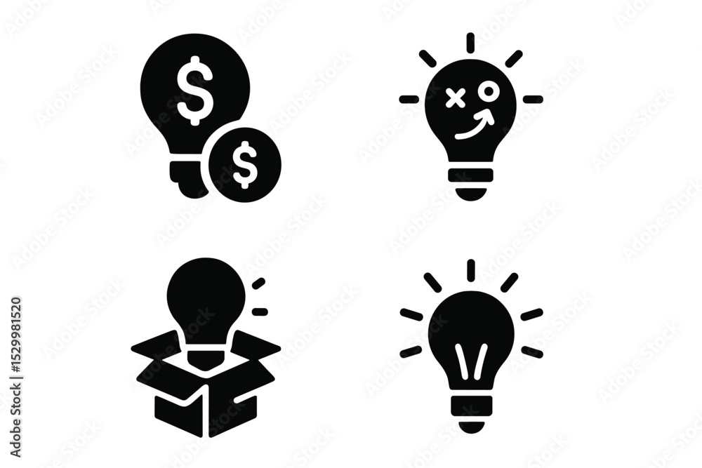 Finance Innovation Icons. Solid style icons of finance ideas: lightbulb with coin, idea sketch, innovation box, concept spark.