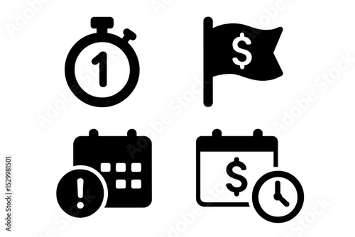Financial Icons. Solid style icons of financial deadlines: countdown timer, due flag, late alert, pay date. Solid style of alert