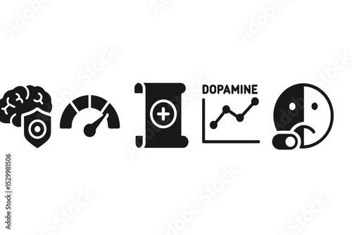 Dopamine Control Icons. Solid style icons of dopamine control: brain focus with badge, stimulation meter icon, controlled scroll