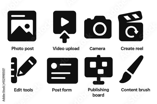 Content Creation Icons. Solid style icons of content creation: photo post, video upload, camera icon, create reel. Solid style of