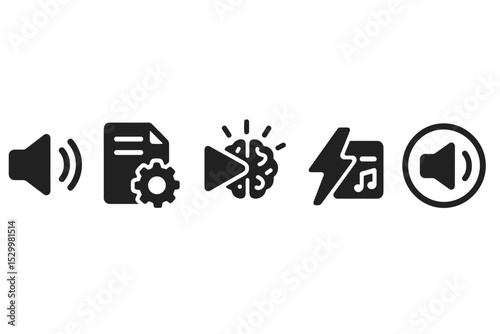 Focus Playlist Icons. Solid style icons of focus playlist: speaker with beam icon, productivity sound track, play button with
