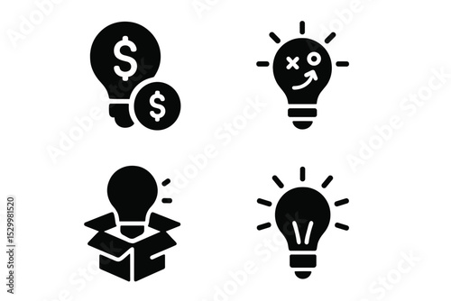 Finance Innovation Icons. Solid style icons of finance ideas: lightbulb with coin, idea sketch, innovation box, concept spark.