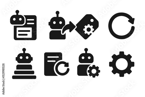 Automation Icons Collection. Solid style icons of automation for social: post scheduler, auto-share, smart tag, task loop. Solid