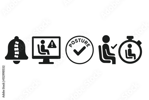 Posture Reminder Icons. Solid style icons of posture reminder: bell with spine icon, screen alert for sitting posture, posture