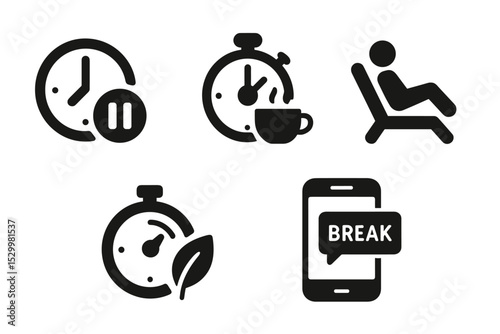 Break Timer Icons. Solid style icons of break timer: clock with pause symbol, countdown timer with coffee cup, rest interval icon,