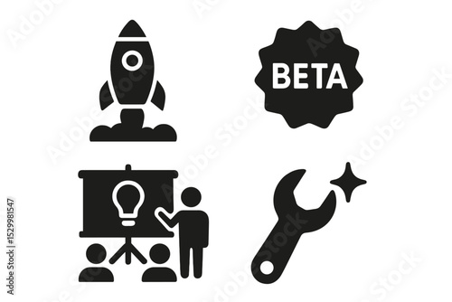 Startup Icon Set. Solid style icons of startup project tools: rocket launch, beta badge, idea pitch, new tool. Solid style of